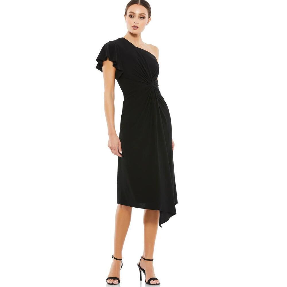 Mac Duggal A12480 High Low One Shoulder Fitted Dress Black Midi Formal Elegant 6